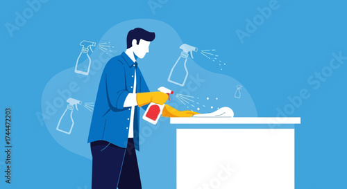 A man cleaning a surface with cleaning solution and spray in a blue background