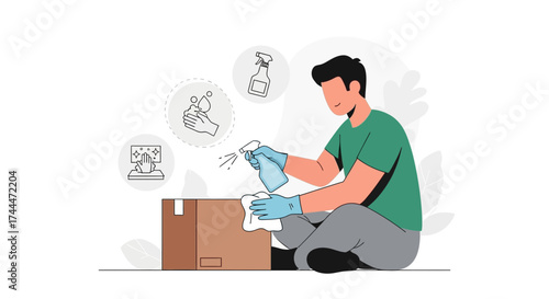 A Man Cleans Package with Sanitizer and Gloves for Sanitary Measures