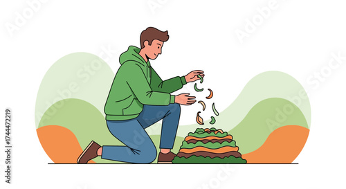 A man composting organic waste in a garden illustrating environmental awareness