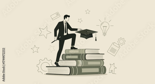 A man climbs a stack of books towards a graduation hat representing education