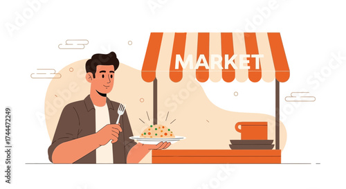A Man Decides To Eat A Meal At The Market, Enjoying A Plate Of Fresh Food