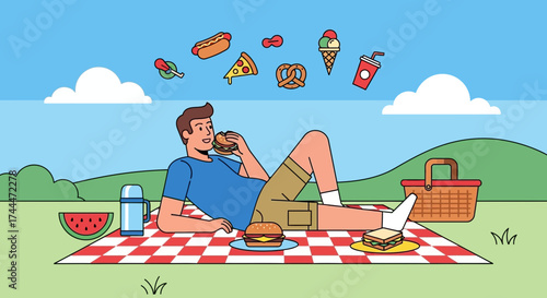 A man enjoying a relaxing picnic outdoors with food, drinks, and scenic view
