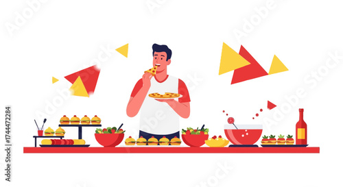 A man enjoying a slice of pizza and surrounded by various delicious food options