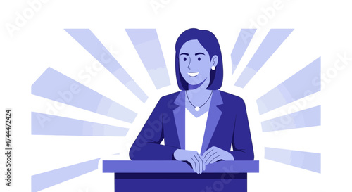 A professional woman gives a speech at a podium with a presentation background
