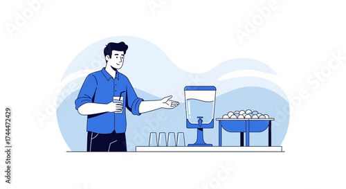 A man offering water from a dispenser, hydration and refreshment concept illustration