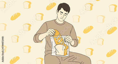 A man placing bread in a bag, food and illustration of everyday life