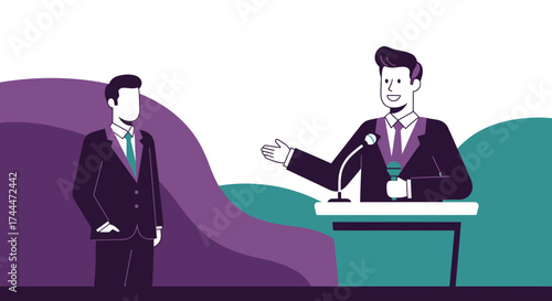 A Public Speaker Addressing Audience Member at a Podium with Minimalist Illustration Style