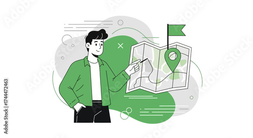 A Man Points At A Map To Illustrate Navigation, Strategy, And Travel Planning