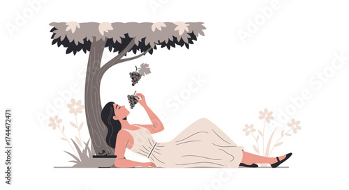 A Relaxed Woman Enjoying Grapes Under Tree and Embracing Tranquility and Serenity