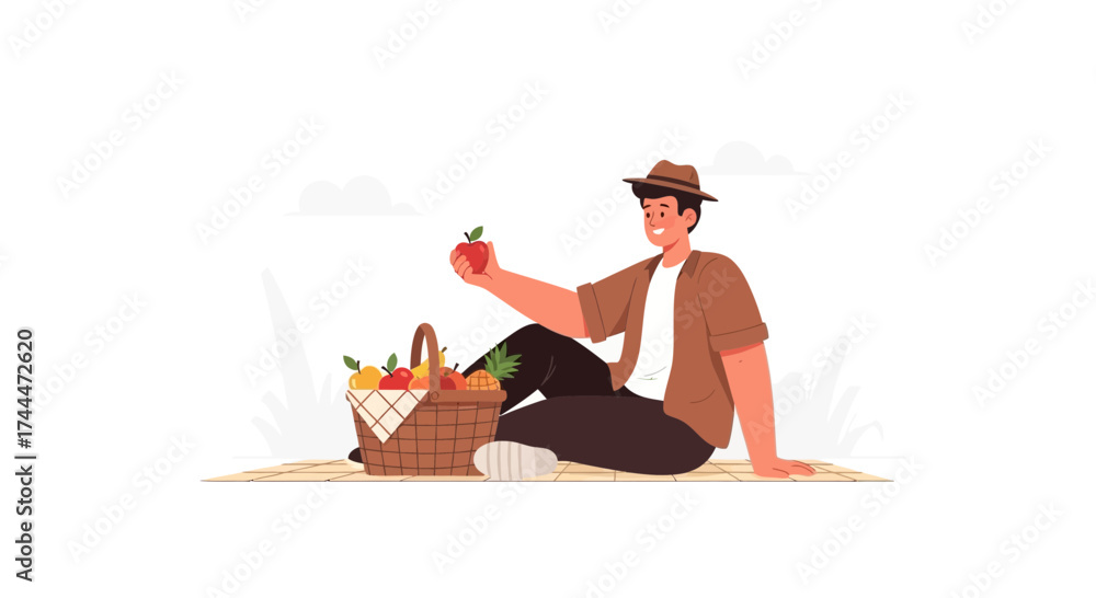 Fototapeta premium A man relaxing at a picnic with an apple and a fruit basket smiling peacefully