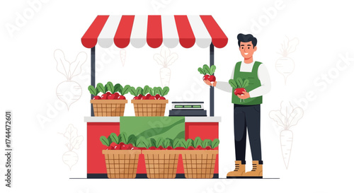 A Smiling Vendor Showcasing Fresh Radishes At A Vibrant Outdoor Produce Market