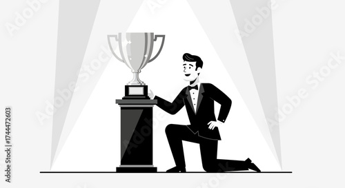 A Man Reaching For a Trophy, Illuminated and Celebrating Achievement