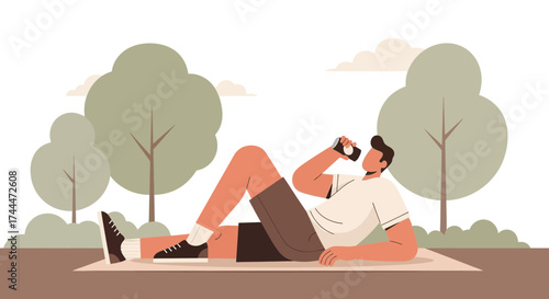 A Man Relaxing and Drinking in a Park enjoying the sunny weather vector illustration