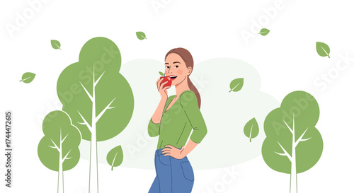 A smiling woman eating an apple symbolizing health and the environment