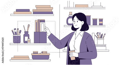 A Smiling Woman Organizing Books On The Shelves, With A Cup In Her Hand