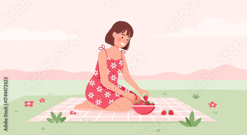 A Smiling Woman Enjoys A Pleasant Picnic With Fresh Strawberries In The Summer