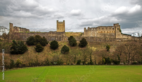 A view of the historic Richmond Castle, North Yorkshire, from across Swaledale, the valley of the River Swale