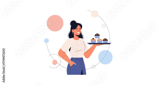A Smiling Woman Presenting a Tray of Freshly Baked Muffins, Cafe Illustration