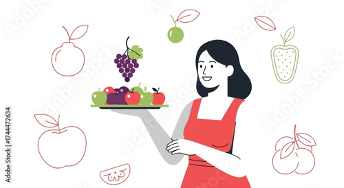 A Smiling Woman Presenting Delicious Fruits on a Tray against a White Background