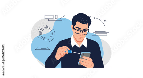 A man repairing a smartphone with a screwdriver in a clean minimalist illustration