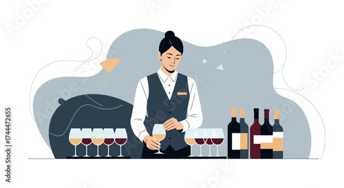 A sommelier holding a wine glass surrounded by bottles and wine glasses, vector illustration
