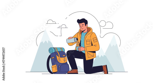 A Solo Hiker Pauses To Refresh With Beverages While Exploring Mountainous Terrain