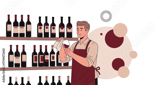 A Sommelier in a Wine Shop Cleaning a Glass of Red Wine Flat Design