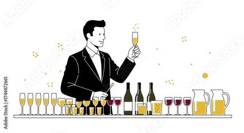 A Sommelier Examining Champagne And Various Alcoholic Beverages In A Collection