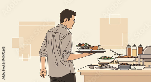 A Man Selecting Food At A Buffet, Depicting Culinary Choices And Dining Concepts