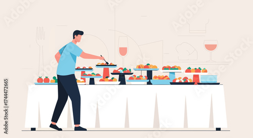 A Man Serves Food At A Buffet Table With Elegant Arrangement For Celebrations