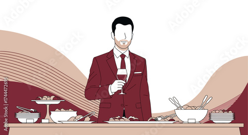 A Sophisticated Individual Enjoying Wine and Buffet Spread at an Exclusive Social Gathering
