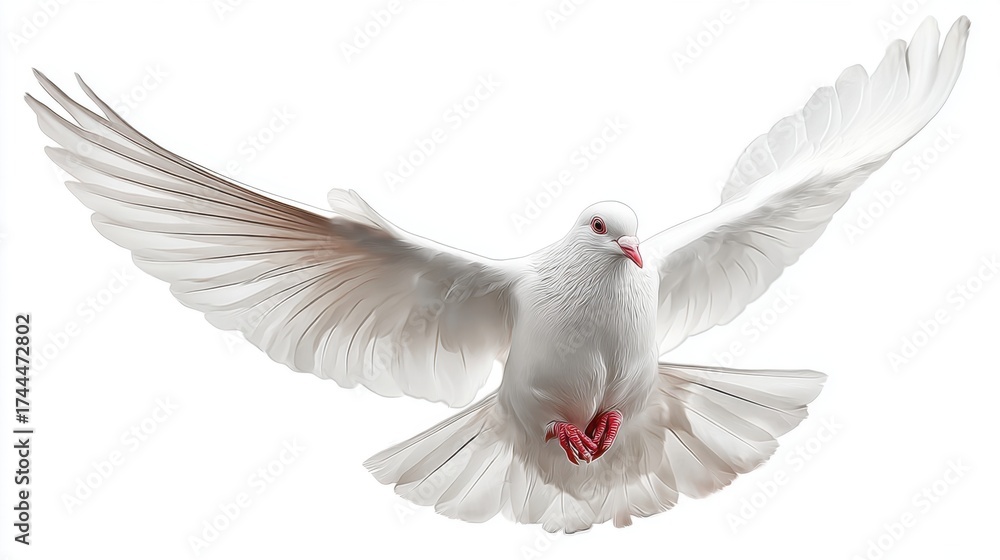 Fototapeta premium A white dove flies gracefully its wings fully extended. The bird is captured in an elegant pose showcasing its beauty against a plain backdrop.