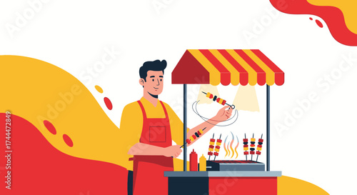 A Street Food Vendor Demonstrates Culinary Skills Preparing Skewers for Customers
