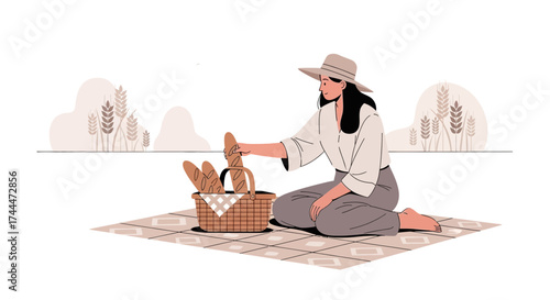 A Peaceful Picnic Scene Depicting A Woman Relaxing And Enjoying Nature's Bounty