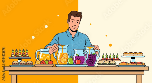 A Person Displays Several Drinks And Snack Dishes At A Serving Counter