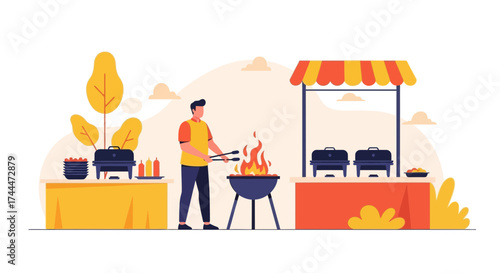 A Person Cooking Food on a Grill Preparing a Feast for a Gathering Illustration