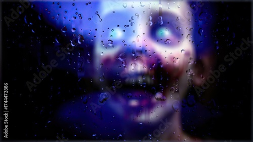 Mysterious distorted figure behind rainy window at night