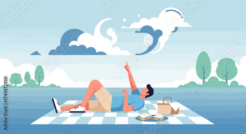 A Person Enjoying a Relaxing Picnic and Pointing at the Sky During a Sunny Day