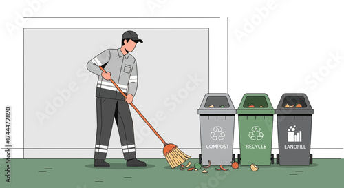 A Street Worker Sweeps Garbage Near Compost, Recycle, And Landfill Trash Cans Illustration
