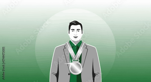 A Successful Man Smiling with a Silver Medal as a Symbol of Achievement and Victory