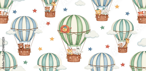 Cute watercolor seamless pattern with adorable animals like lions, giraffes, and bears flying in hot air balloons among stars and clouds