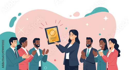 A Team Celebrates Excellence: Award Presentation and Recognition in a Modern Illustration