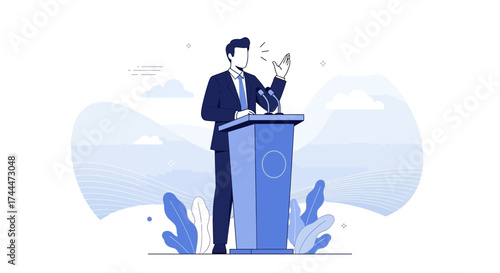 A Vector Illustration of a Businessman Giving a Speech at a Podium Presentation