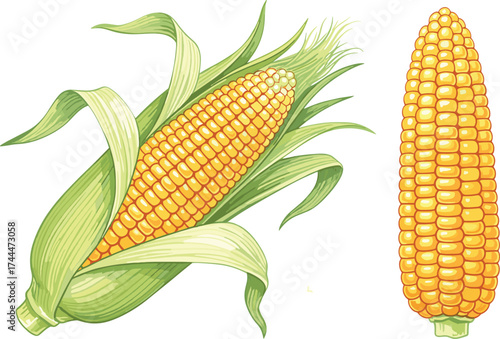 Hand-drawn agricultural illustration of fresh sweetcorn, with one ear peeled and one fully shucked, showcasing natural farm produce