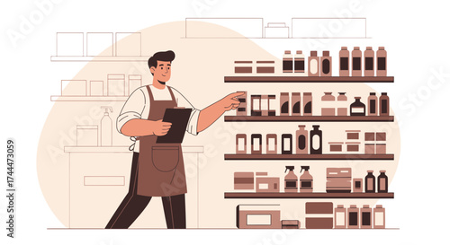 A vector illustration of a store clerk checking the stock shelves or inventory