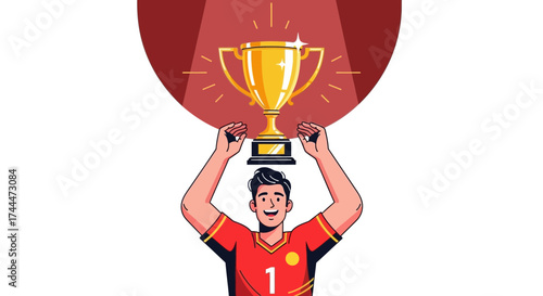 A triumphant athlete celebrating victory by holding a trophy high above his head