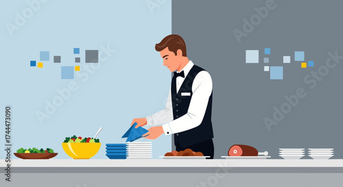 A waiter is preparing a table setting in a restaurant before serving food to customers