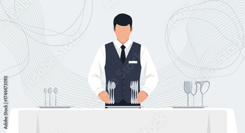 A waiter preparing a table setting with silverware, glasses, and a white tablecloth