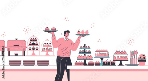 A waiter carries desserts and cakes at a buffet table, serving event.