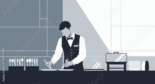 A waiter preparing a table setting with utensils and dishes in a restaurant setting